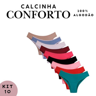 Kit 10 Calcinhas Conforto Tradicional 100% Algodão Lisa Cotton  Confortavel