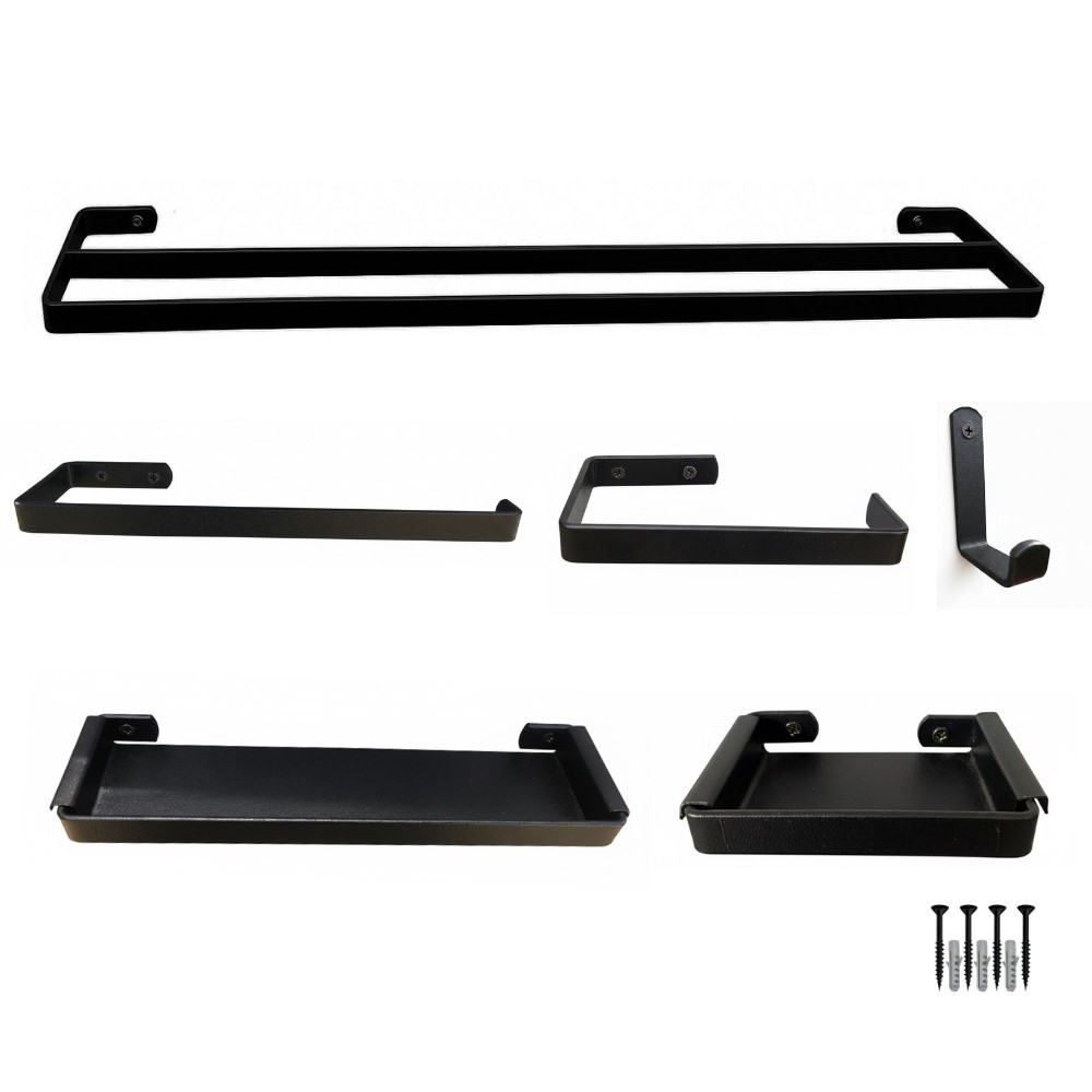 Kit Completo Assessórios Para Banheiro Preto Toalheiro Duplo Saboneteira Porta Shampoo