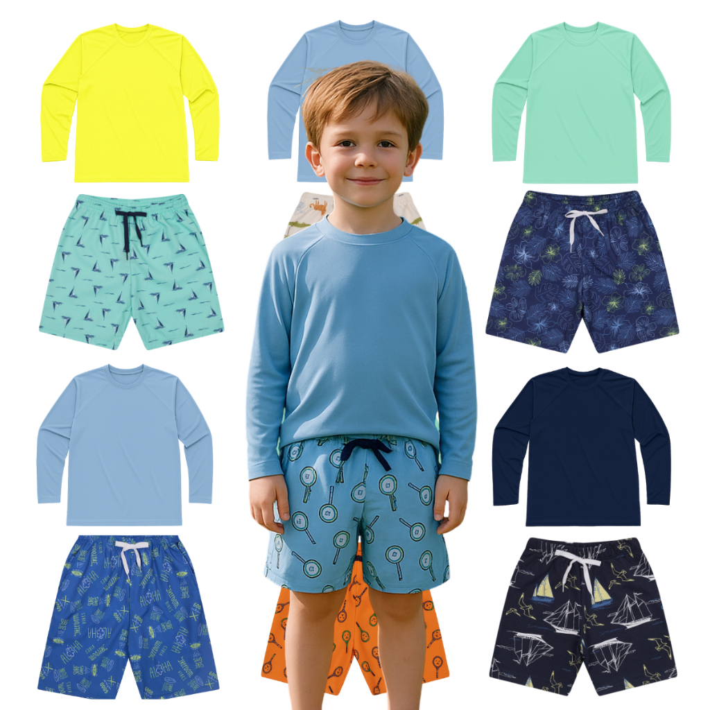 Kit 3 Conjunto Blusa Proteção Solar e Bermuda Tactel Menino Infantil Juvenil Tamanho 1 Ao 16