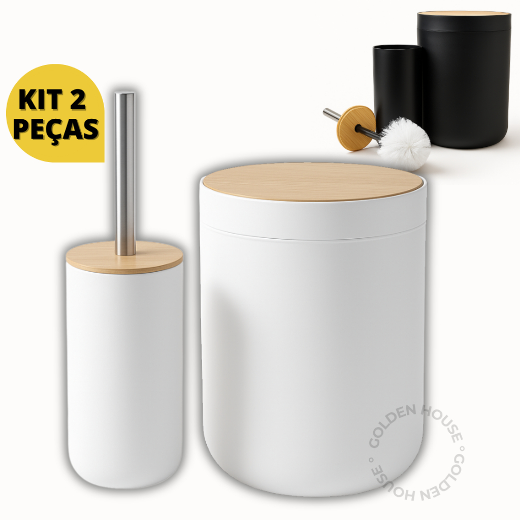 Kit 2 Peças Banheiro Lixeira C/ Tampa Escova Sanitaria Detalhes Em Bambu Premium