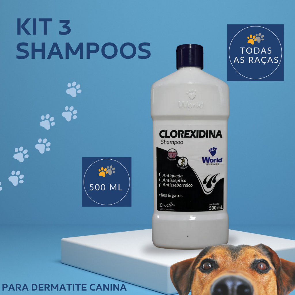 Kit 3 Shampoo Clorexidina Cachorro Gato Tratamento Dermatite Alivia Coceira Fortalece Pelo Anti-queda
