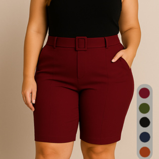 Shorts Bermuda Social Feminina Plus Size Com Cinto Fivela Tecido Bengaline Cintura Alta Alfaiataria 42 ao 52 em Oferta na Shopee