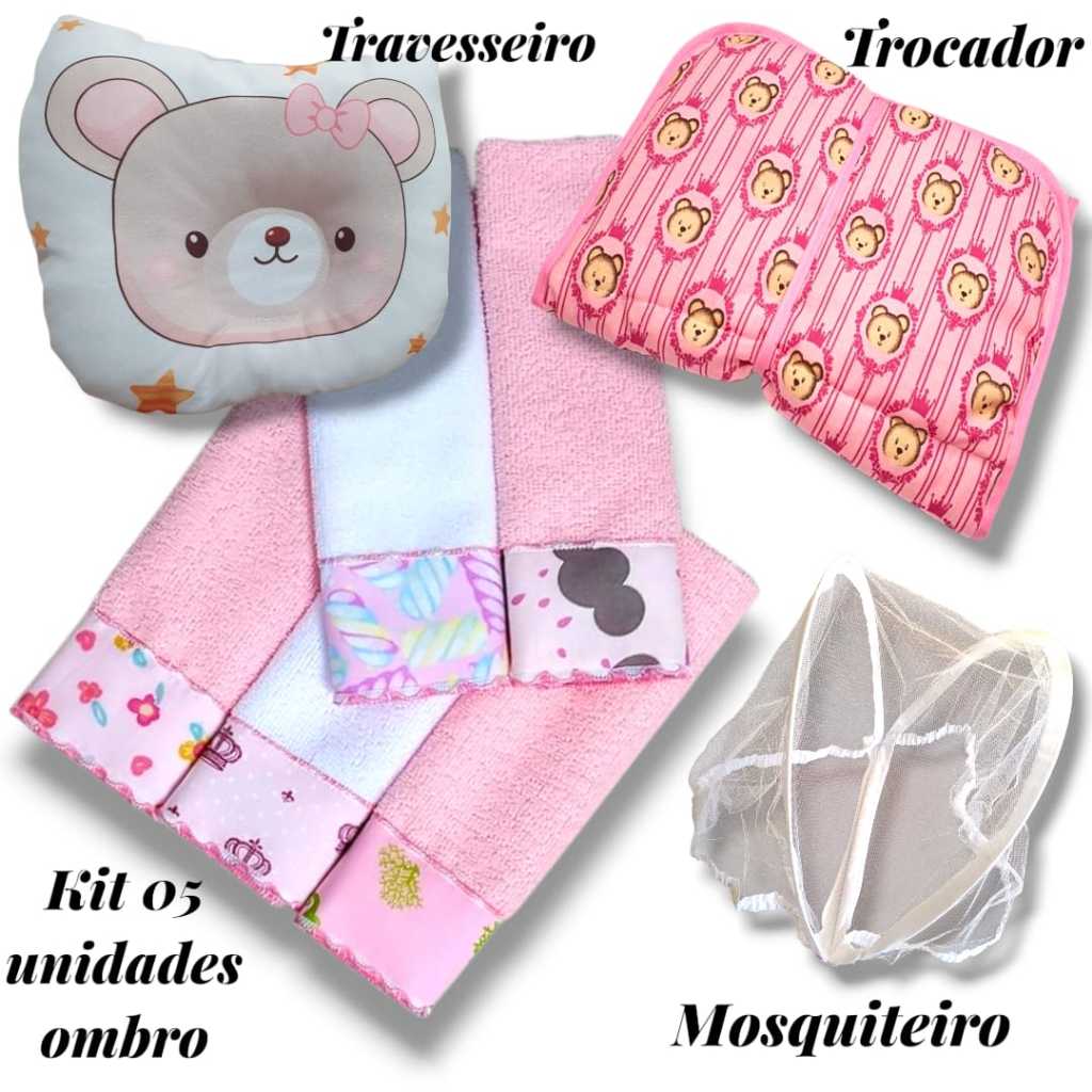 Kit Trocador Travesseiro Mosquiteiro e 05 Toalhinhas Ombro ou Boca Tipo Babete Lindas Opçoes Para O Seu Bebe
