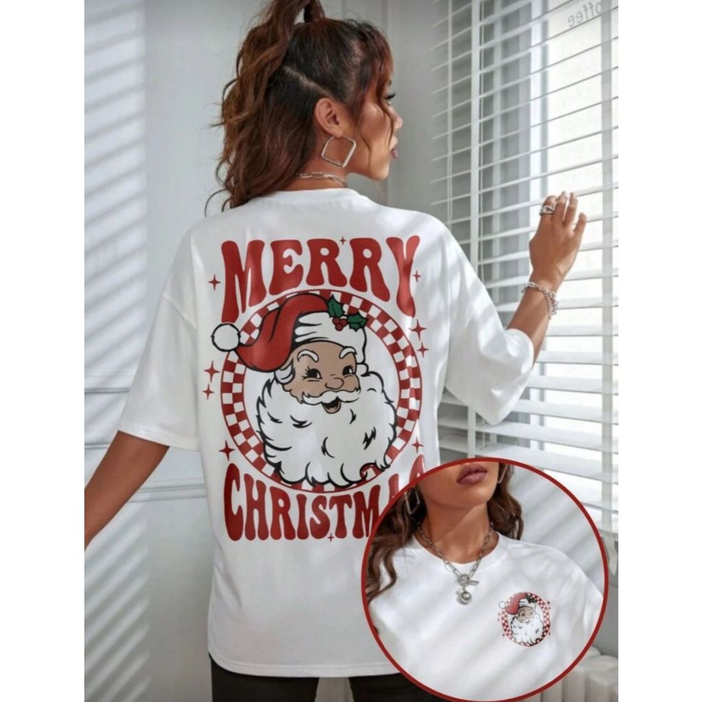 Camiseta Oversized Feminina Masculina Casual Feliz Natal Estampado Merry Christmas
