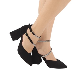 Scarpim feminino confortável  salto bloco 8cm  com  traseiro 2 fivelas e strass se