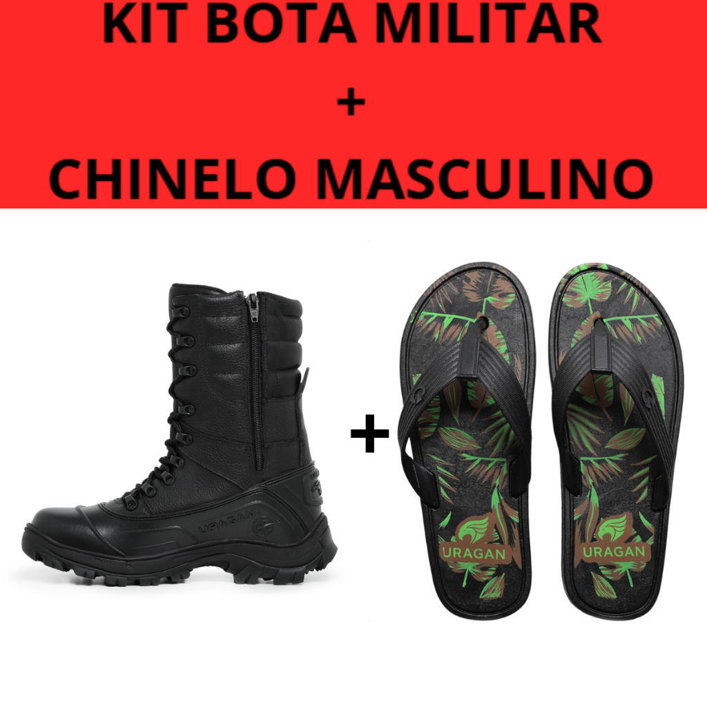 Chinelo Masculino Borracha Antiderrapante + Bota Coturno Militar Cano Alto Resistente Confortável