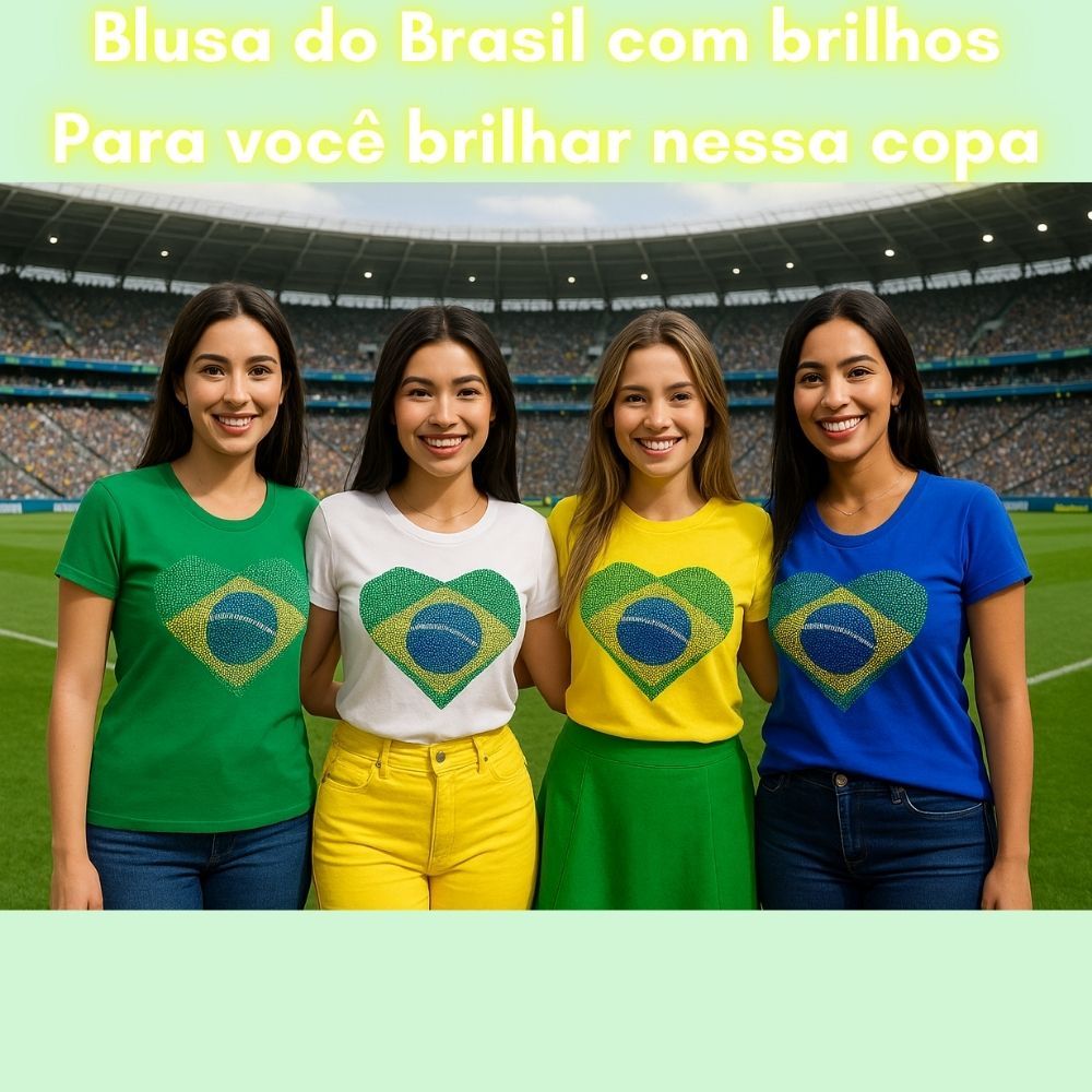Blusinha Feminina Brasil Copa Do Mundo Verde Amarelo e Branco Viscolycra Com Detalhes Em Brilho