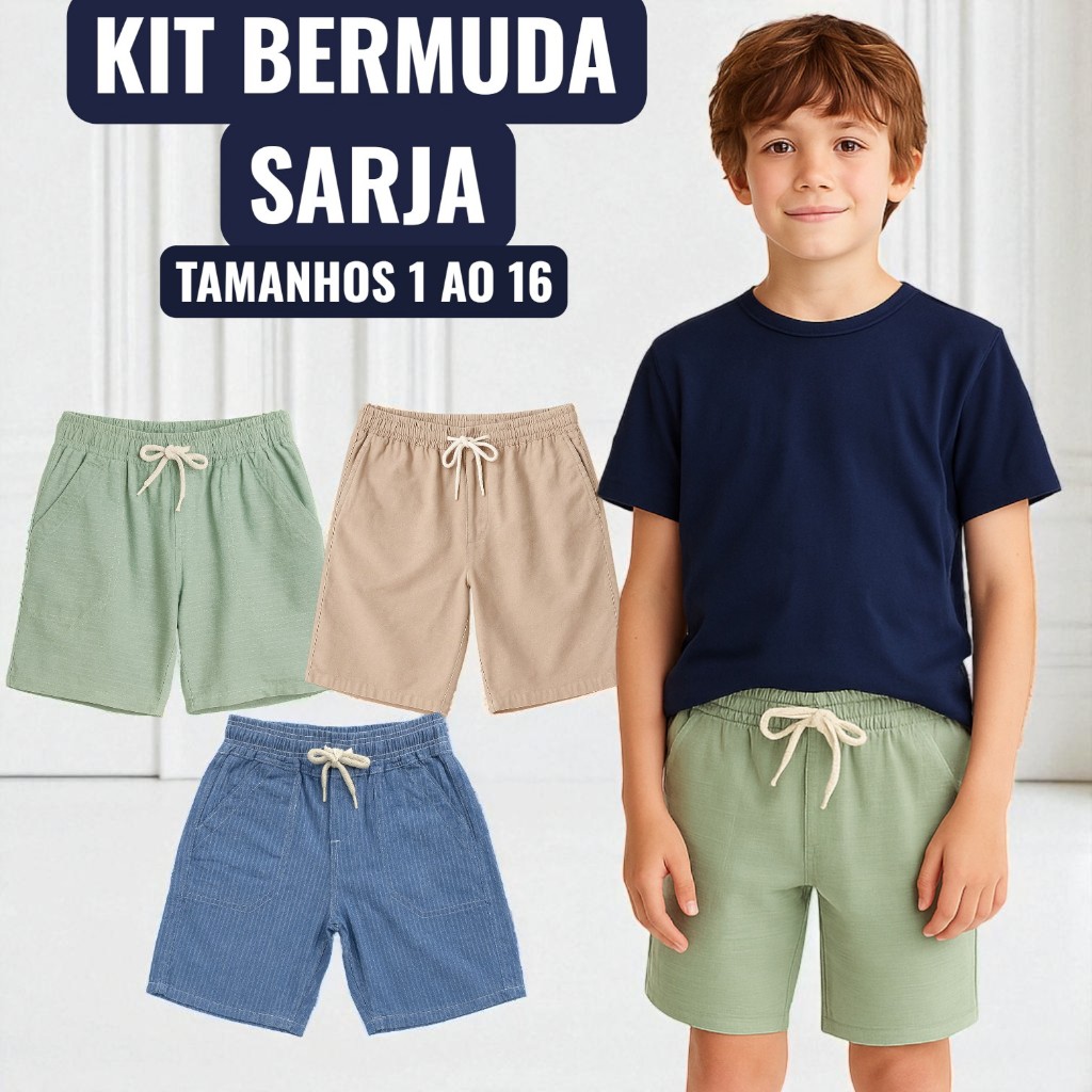 Kit Bermuda Sarja Infantil com Cordão Ajustável e Bolsos - Tamanhos 1 a 16 - Moda Menino