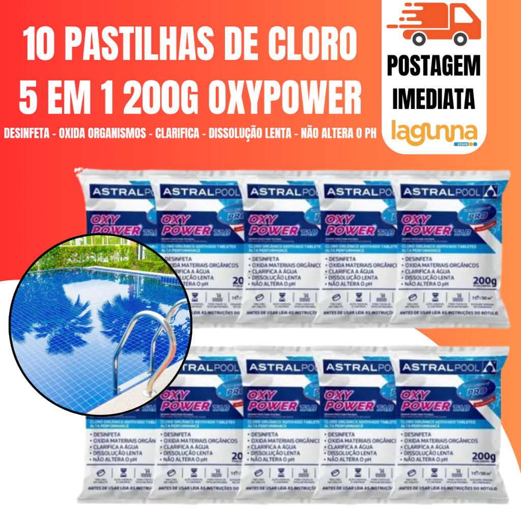 Kit 10 Pastilhas/Tablete Cloro Para Piscinas Oxy Power Pro Multiação 5 Em 1 - 200g Astralpool em Oferta na Shopee