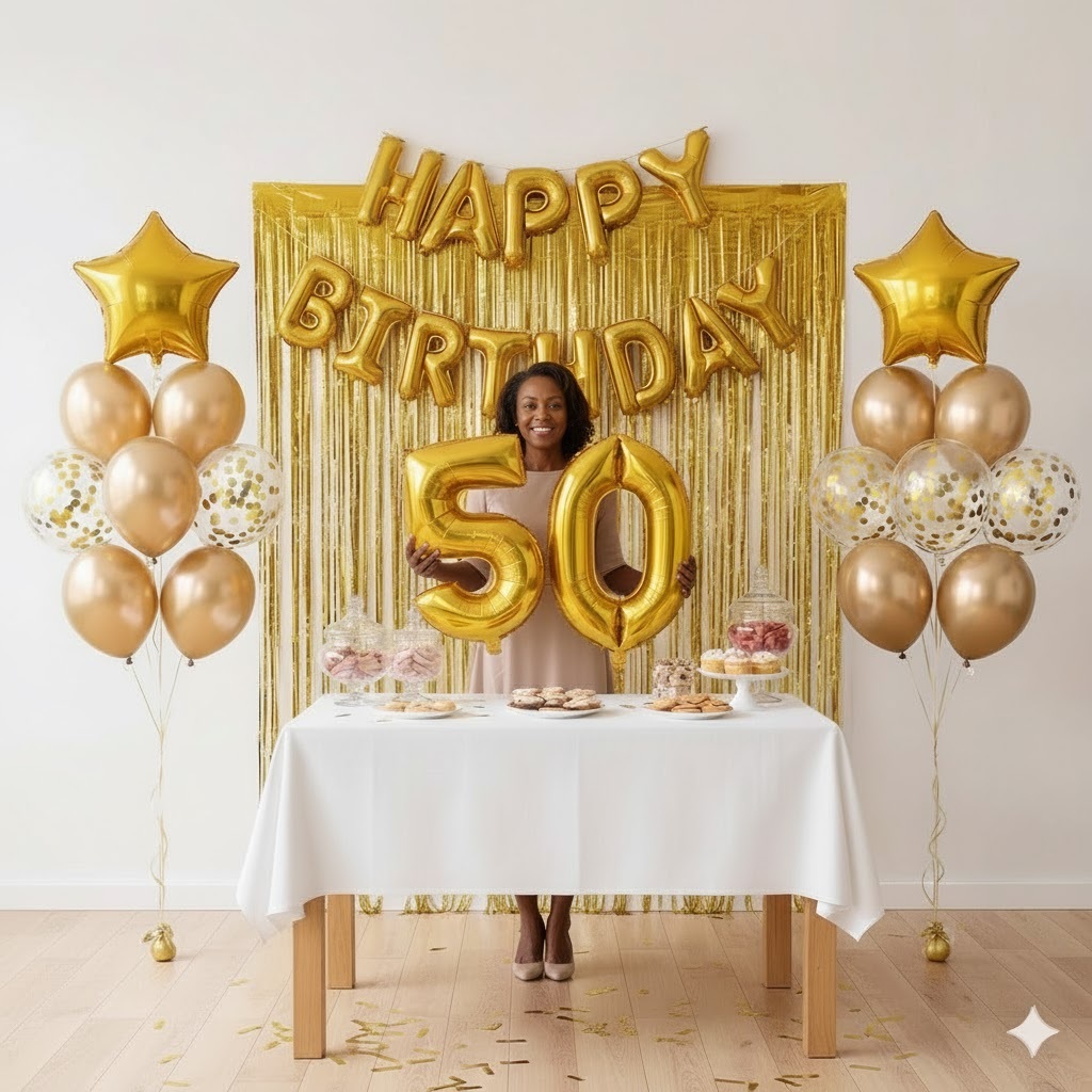 Kit Dourado Happy Birthday + 2 Cortinas Dourada + 2 Buquês de Estrela Dourada + 2 Números Dourados em Oferta na Shopee