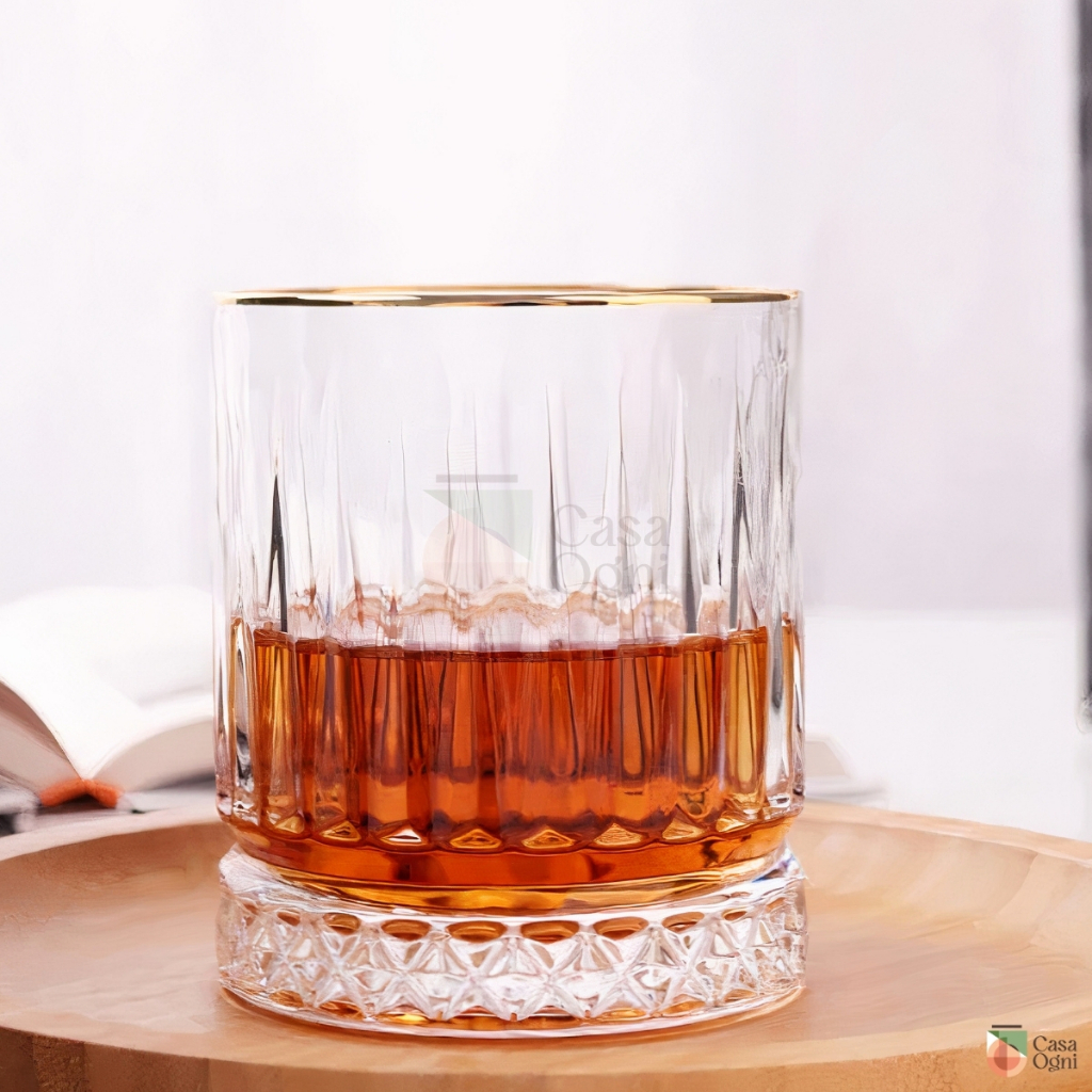 Jogo 6 Copos Lapidado de Cristal Whisky para Drinks Suco Mesa Posta Xícara com Fio de Ouro Chá Café