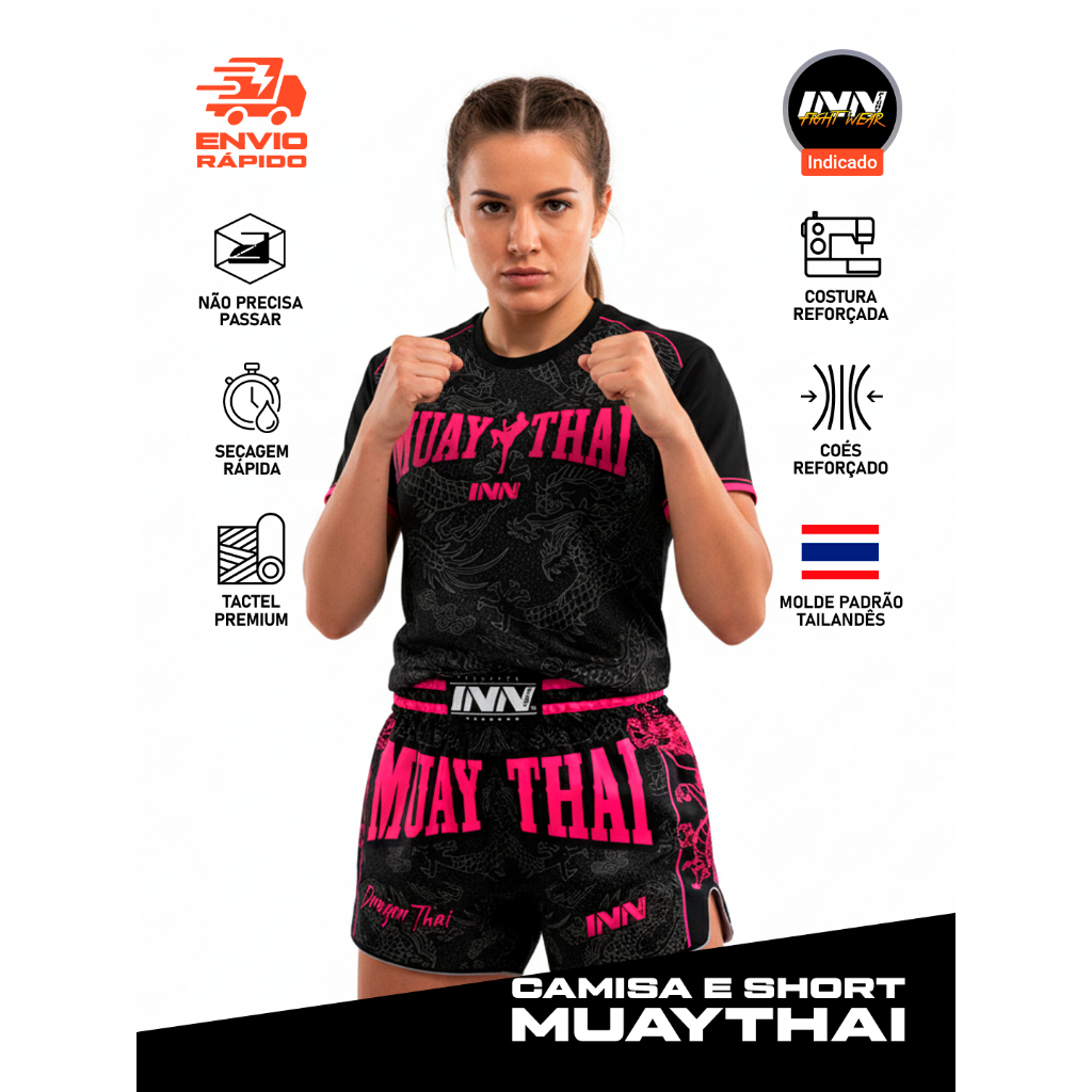 Conjunto Muay Thai Feminino Babylook e Short Dragon Thai Rosa Inn Fight em Oferta na Shopee