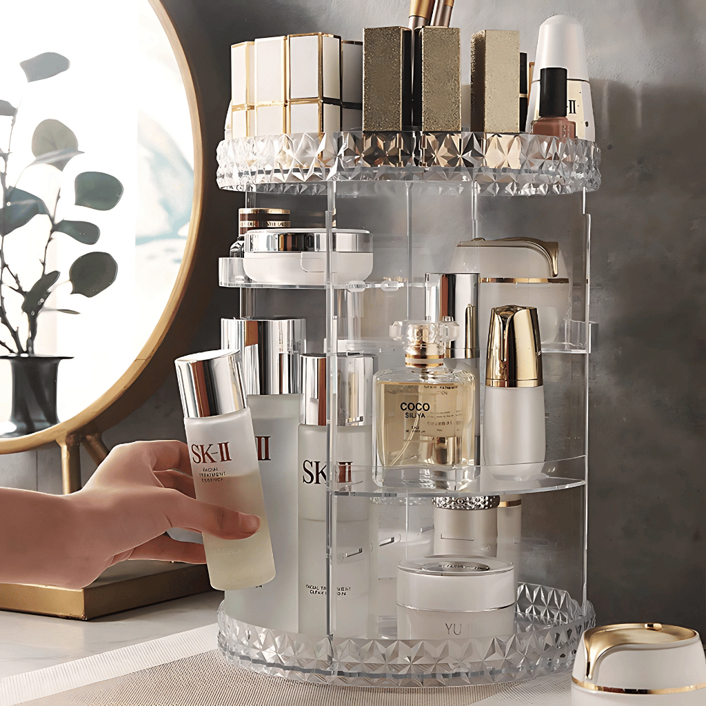 Organizador de maquiagem giratório 360° acrílico cristal transparente com prateleiras ajustáveis