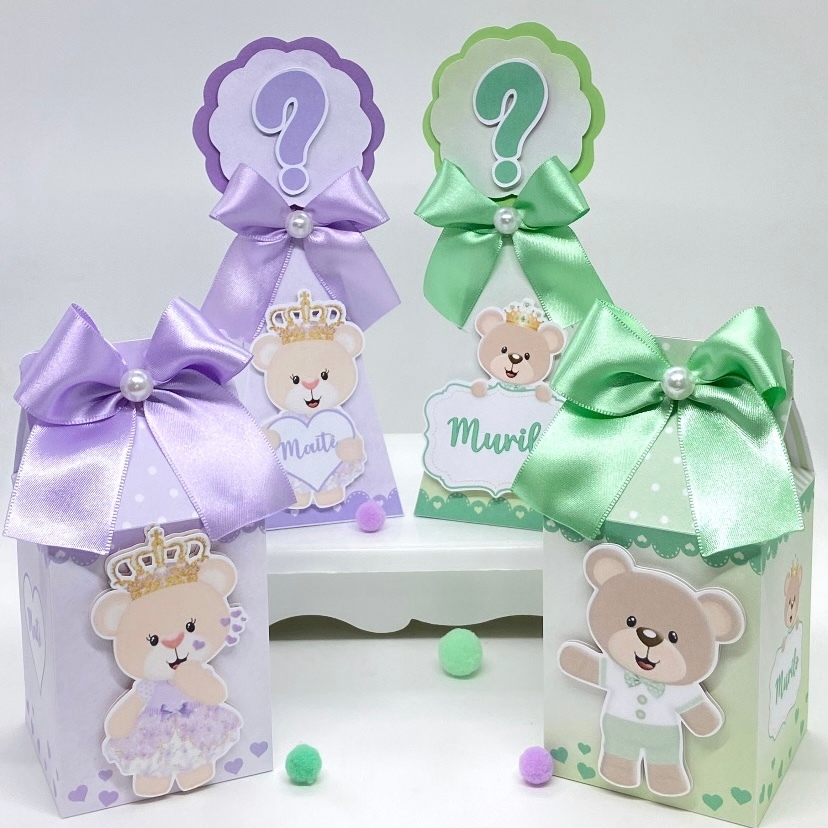 Kit de Personalizados Chá Revelação Ursinhos Lilás e Verde /Lembrancinhas /Caixinhas/Comemoração/Decoração/Milk/Piramide