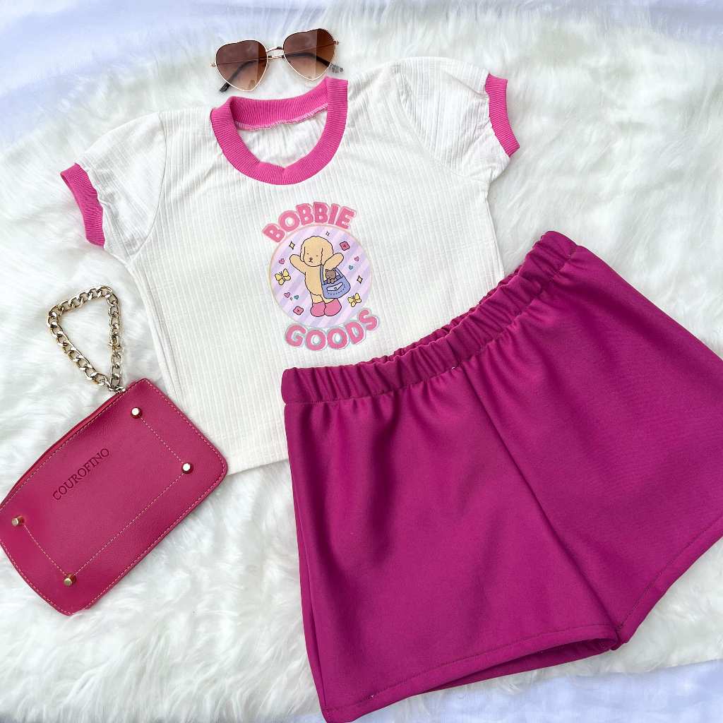 Conjunto Infantil Juvenil Menina Blogueirinha Blusa Baby Look e Short Rosa Roupa Feminina Criança