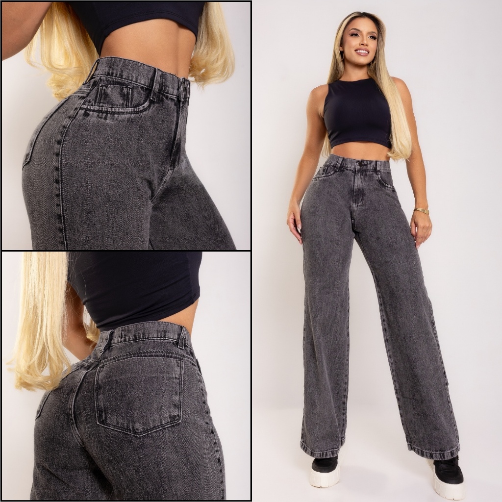 Calça Jeans Wide Leg Marmorizada Grafite Cintura Alta Levanta Bumbum 34 ao 46 Chumbo Preta Pantalona