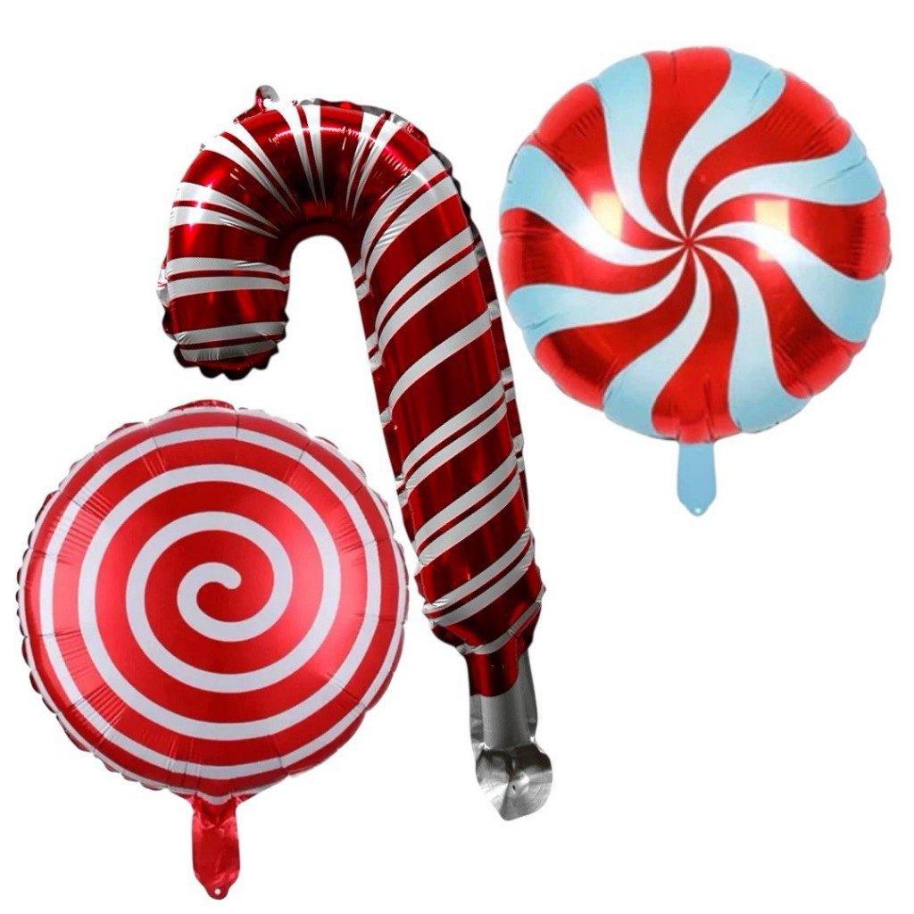Kit c/12 Balão Metalizado Pirulito Bengala Espiral Vermelho - 4 cada - Festa Decoração Enfeite Natal