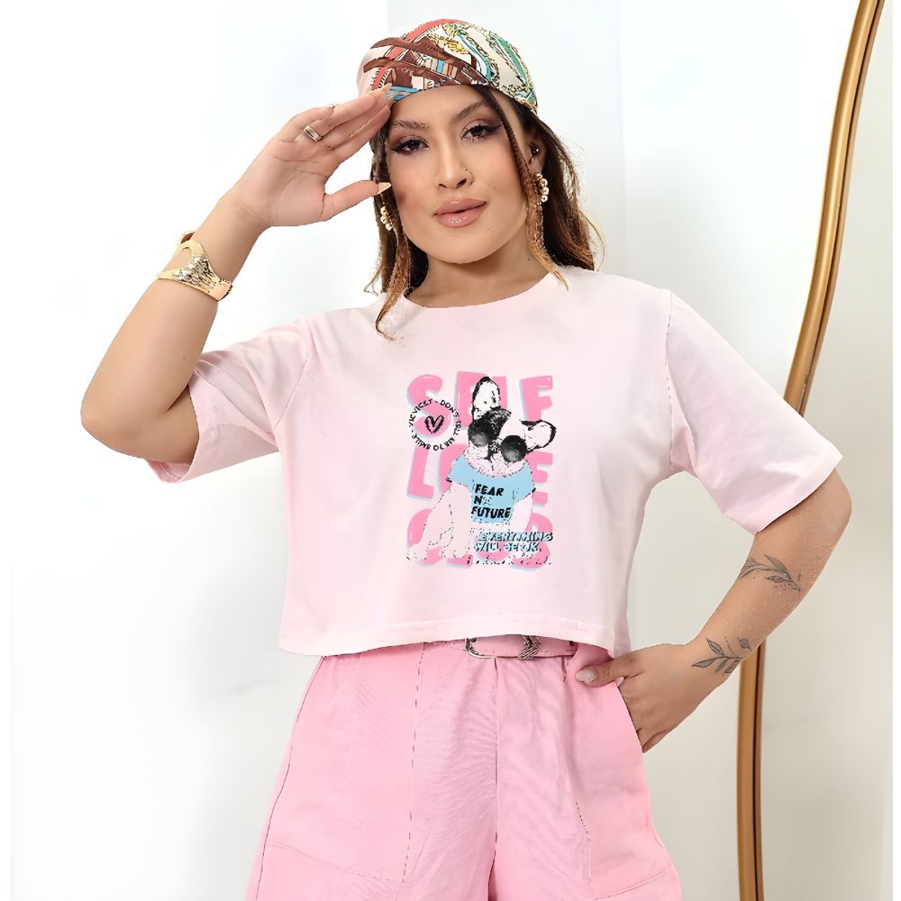 Cropped Oversized Feminino Estampado Blusa Algodão Premium Fio 30.1 Básica