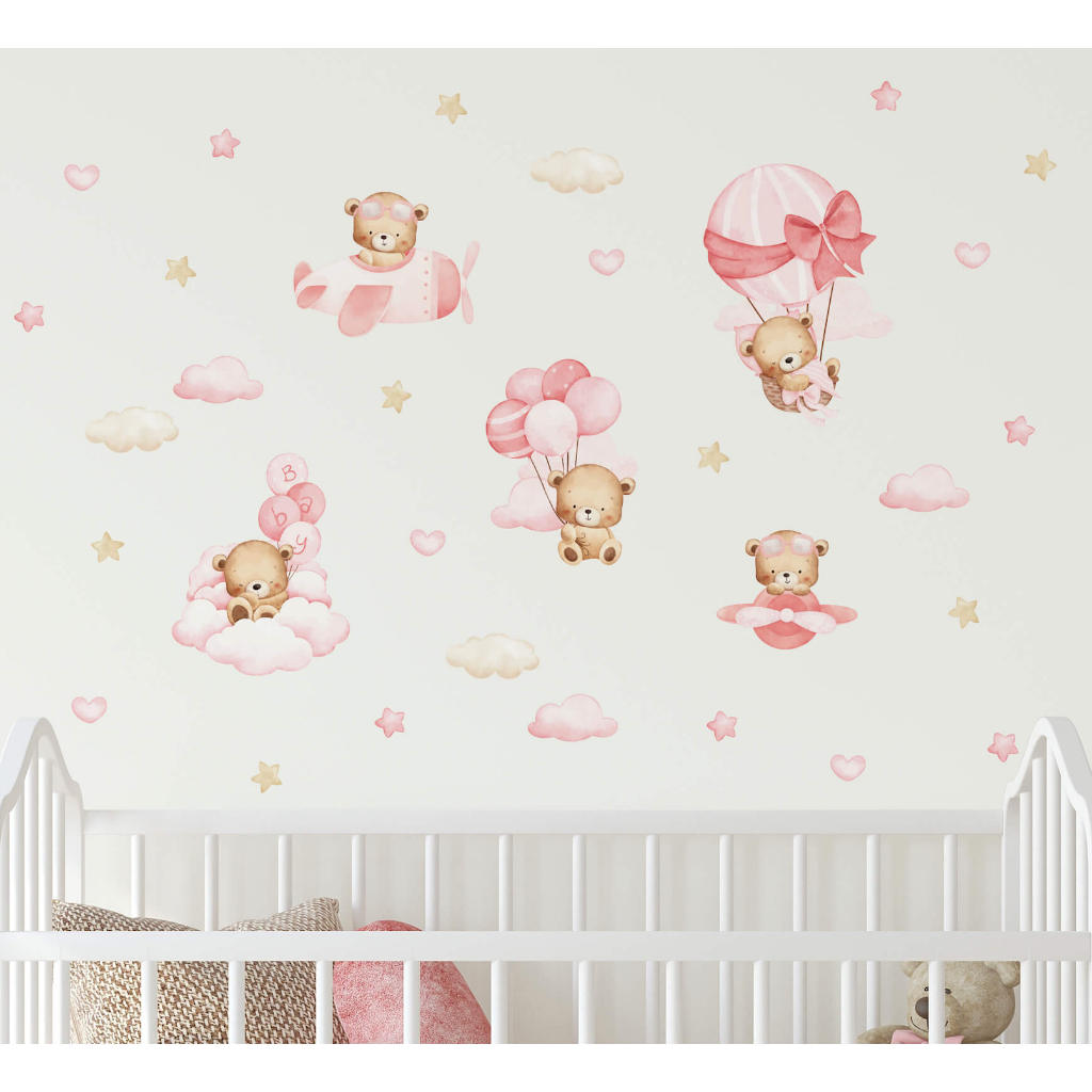 Adesivo de Parede Infantil Ursinhos e Balões Rosa Quarto de Menina Bebê em Oferta na Shopee