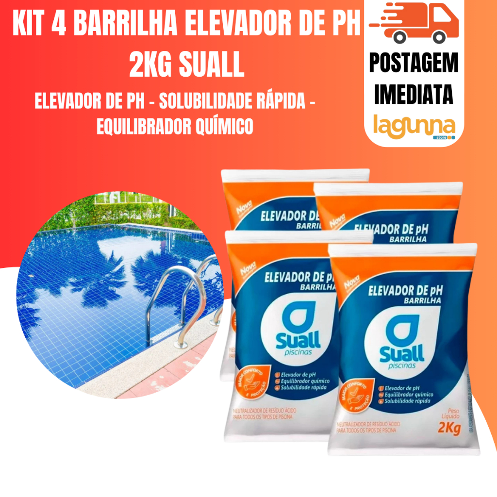Kit 4 Barrilha Elevador de PH Para Piscinas 2kg Suall em Oferta na Shopee
