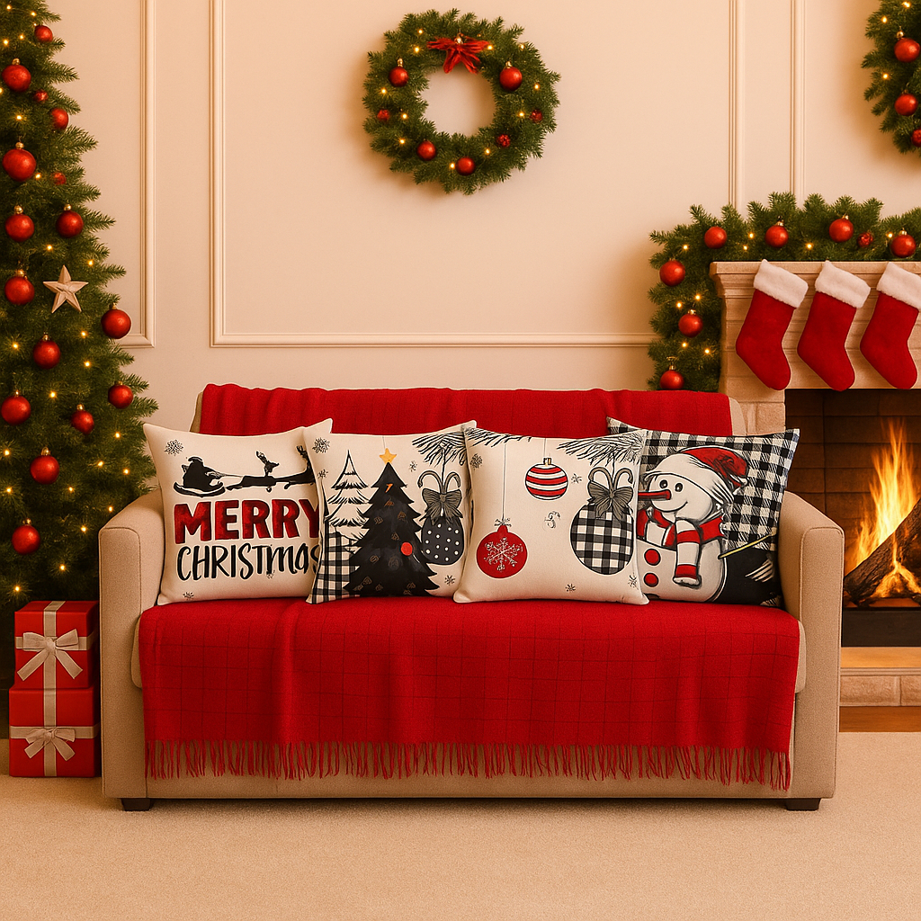 Kit Manta P + 04 Capas de  De Almofada Digital Natalina Decoração Natal Sala