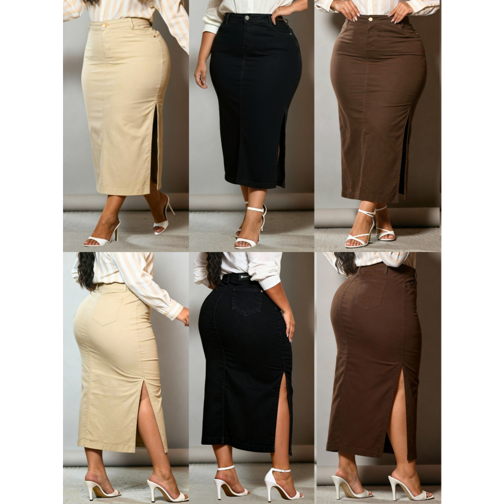 Saia Longa Plus Size Elastano Cintura Alta com Fendas Laterais Anagrom Várias Cores em Oferta na Shopee