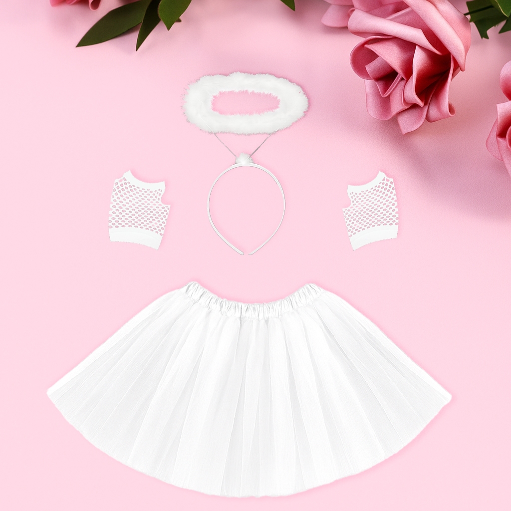 Kit Fantasia Infantil Saia Tule, Luva Arrastão mais Tiara Anjo Com Aureola cor Preta 3 peças Branca