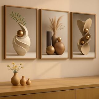 Quadro Decorativo 3 Peças Trio Abstrato Geométrico Moderno Escultura Dourada Luxo Sala em Oferta na Shopee