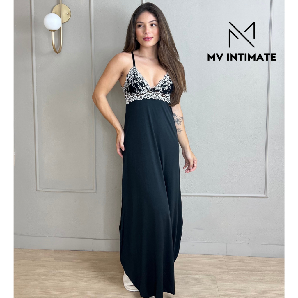 Camisola Longa Luxo com Renda em Microfibra 430 em Oferta na Shopee