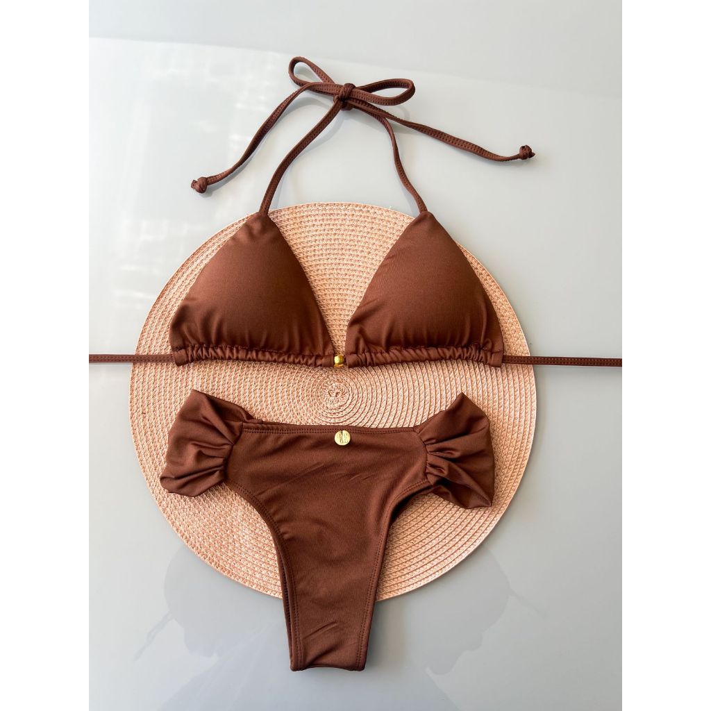 Conjuto Kit Biquini Feminino Cortininha Top Bojo Calcinha Preta Tanga Borboleta Lateral Franzida