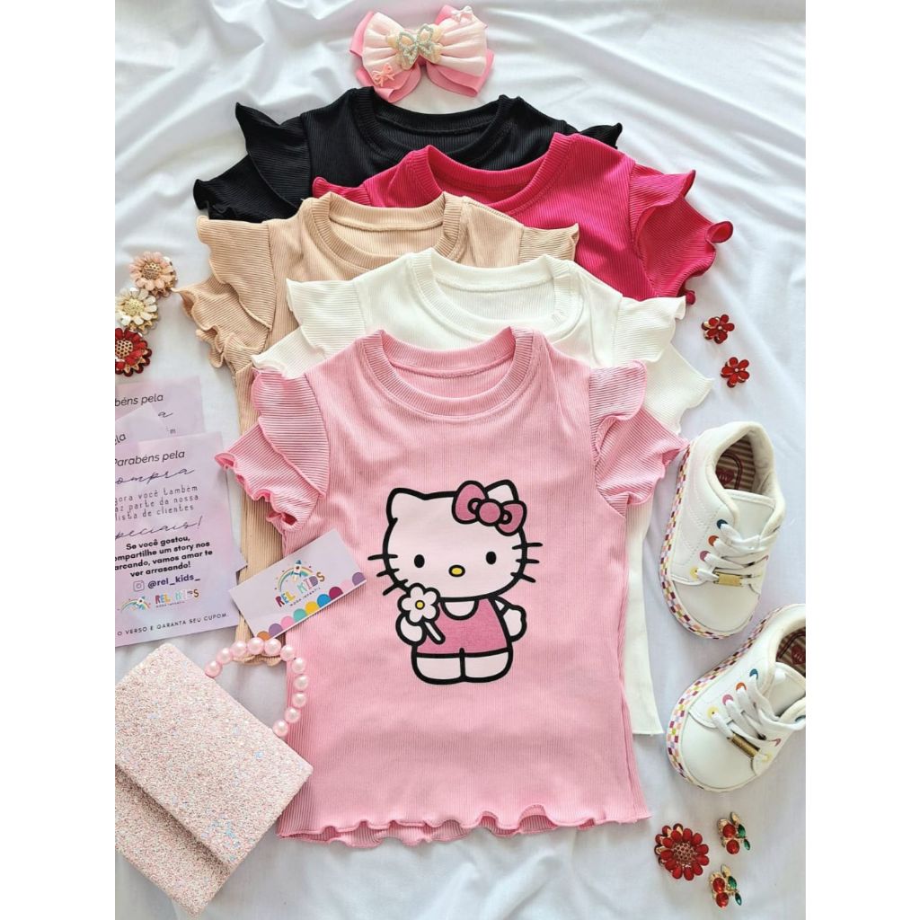 Blusa Infantil Feminina Hello Kitty Menina Manga Dupla Casual Menina Canelado Ribana DTF07