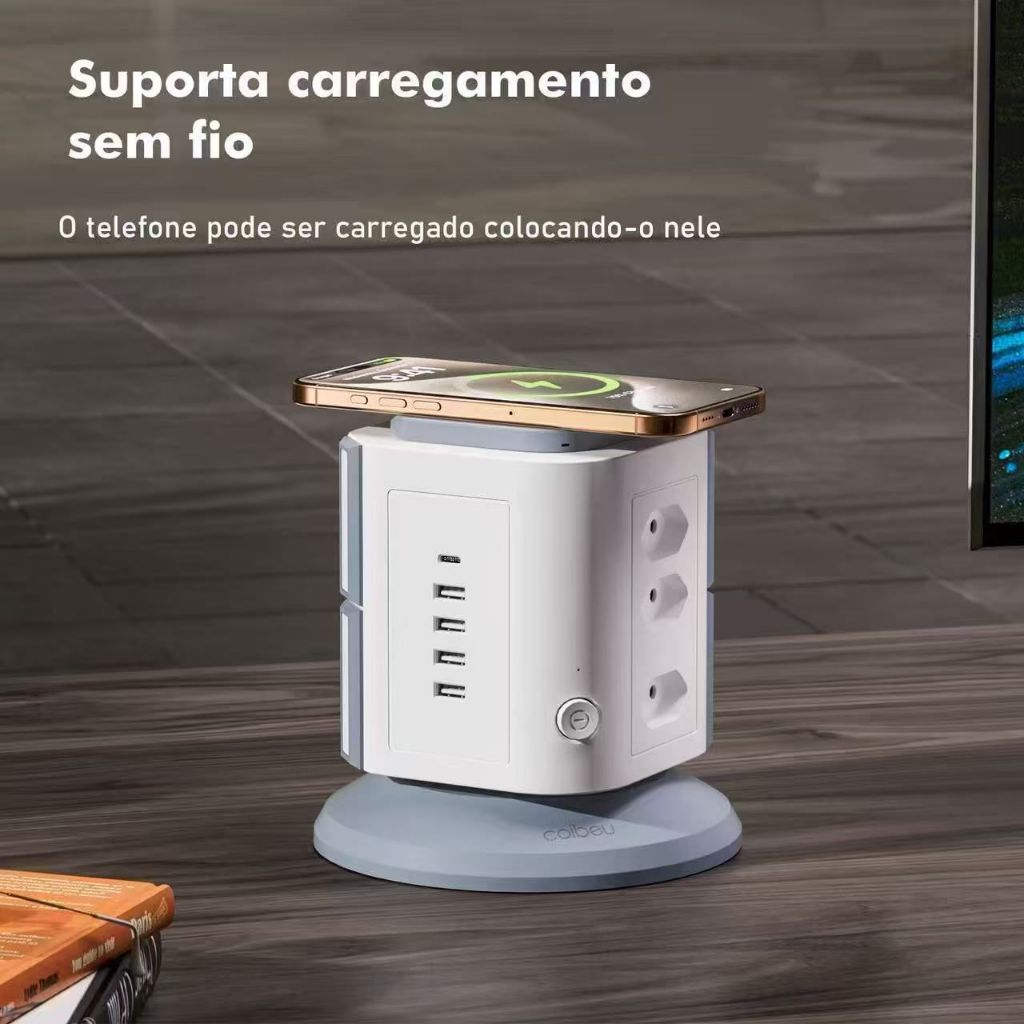 Torre de Tomadas Carregamento Sem Fio Indução De Mesa- 9 Tomadas + 4 USB + 1 Type-C Cabo 2m Filtro de Linha, Extensao em Oferta na Shopee