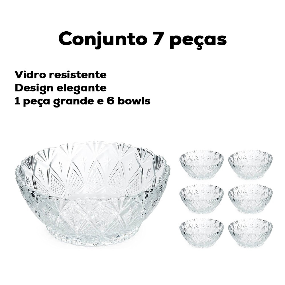 Conjunto 7 Peças de Vidro Lapidado Málaga 1 Bowl Grande + 6 Tigelas de Sobremesa Elegante,Resistente