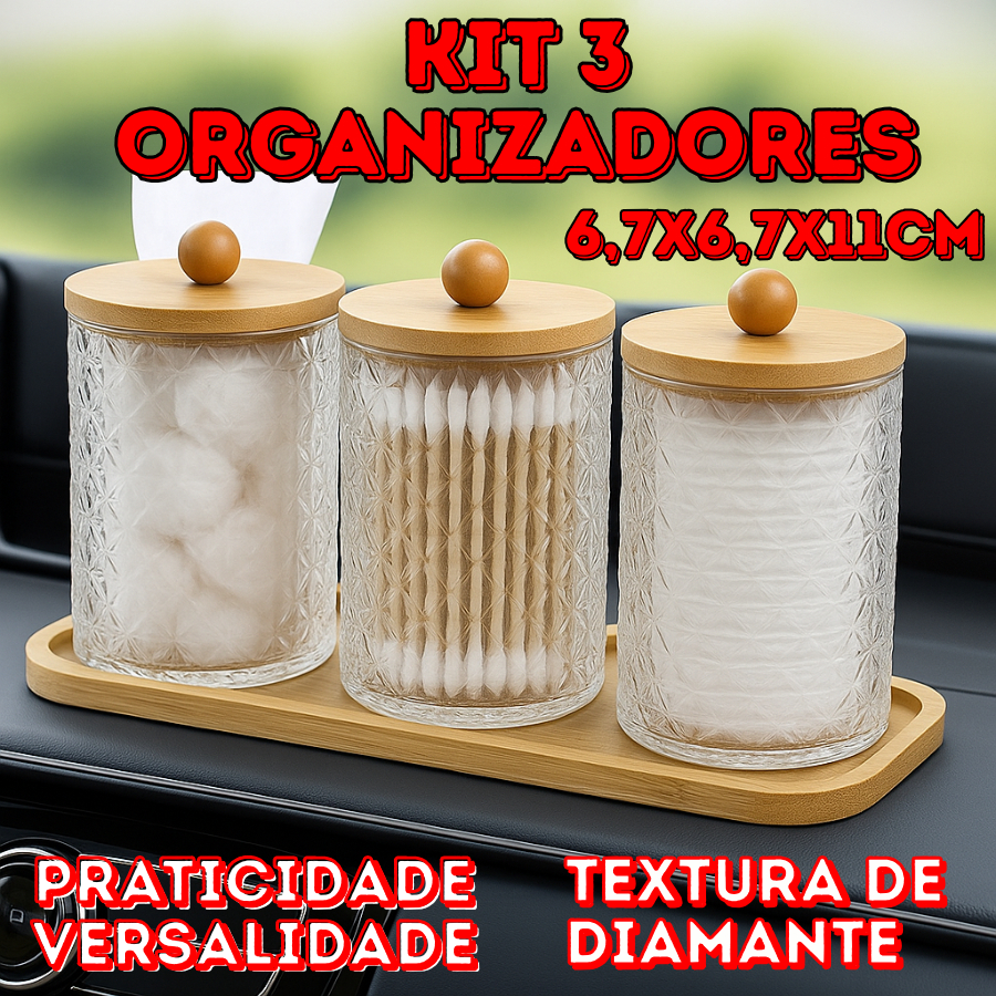 Kit 3 Organizadores 6,7x6,7x11cm Com Bandeja E Tampa De Bambu Textura De Diamante