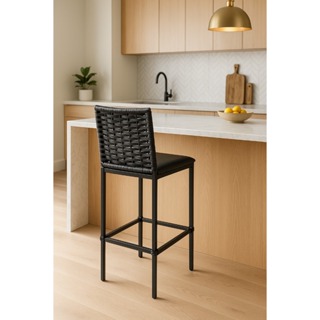 Banqueta Turquia Alta em Aço com Assento Estofado e Encosto de Junco Preto em Oferta na Shopee