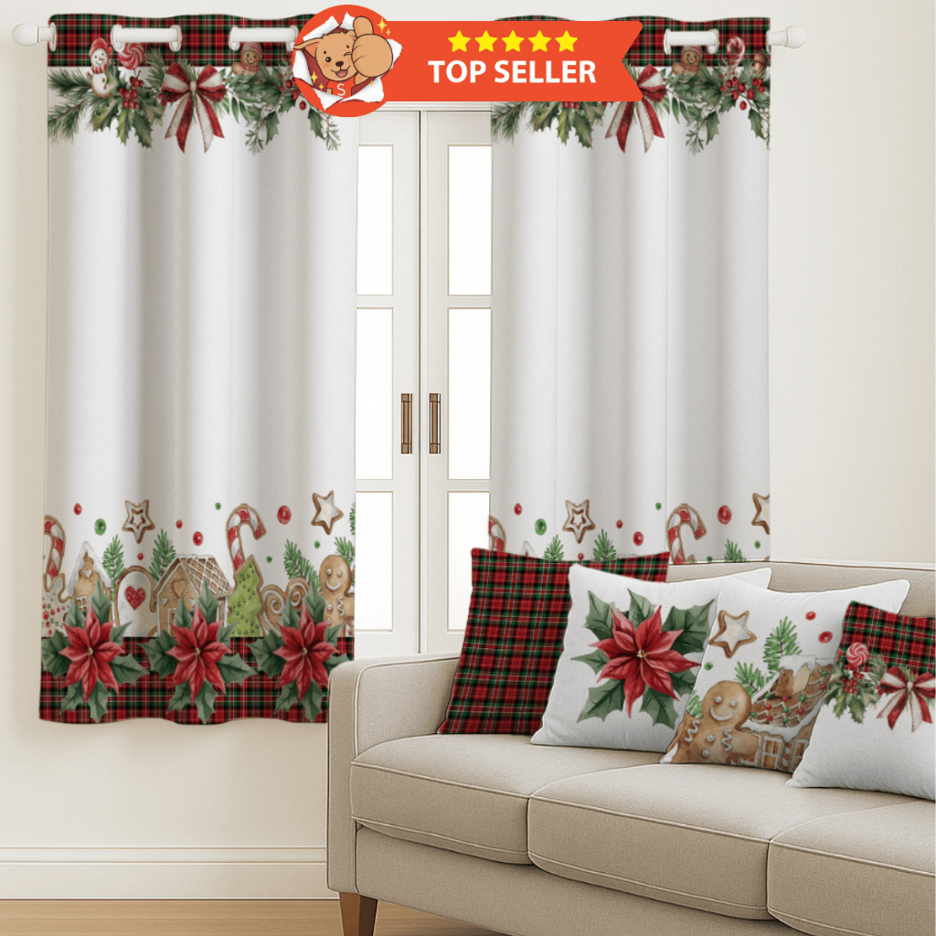 Kit Cortina 2 Metros + 4 Capa de Almofada Natalina Decoração Enfeites de Natal