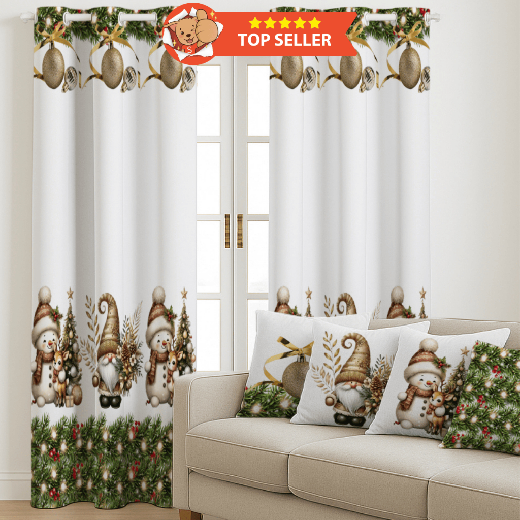 Kit Cortina Natal Estampada 3,00X2,20 +4 Capas de Almofada Decorativas-Enfeites de natal, Papai Noel