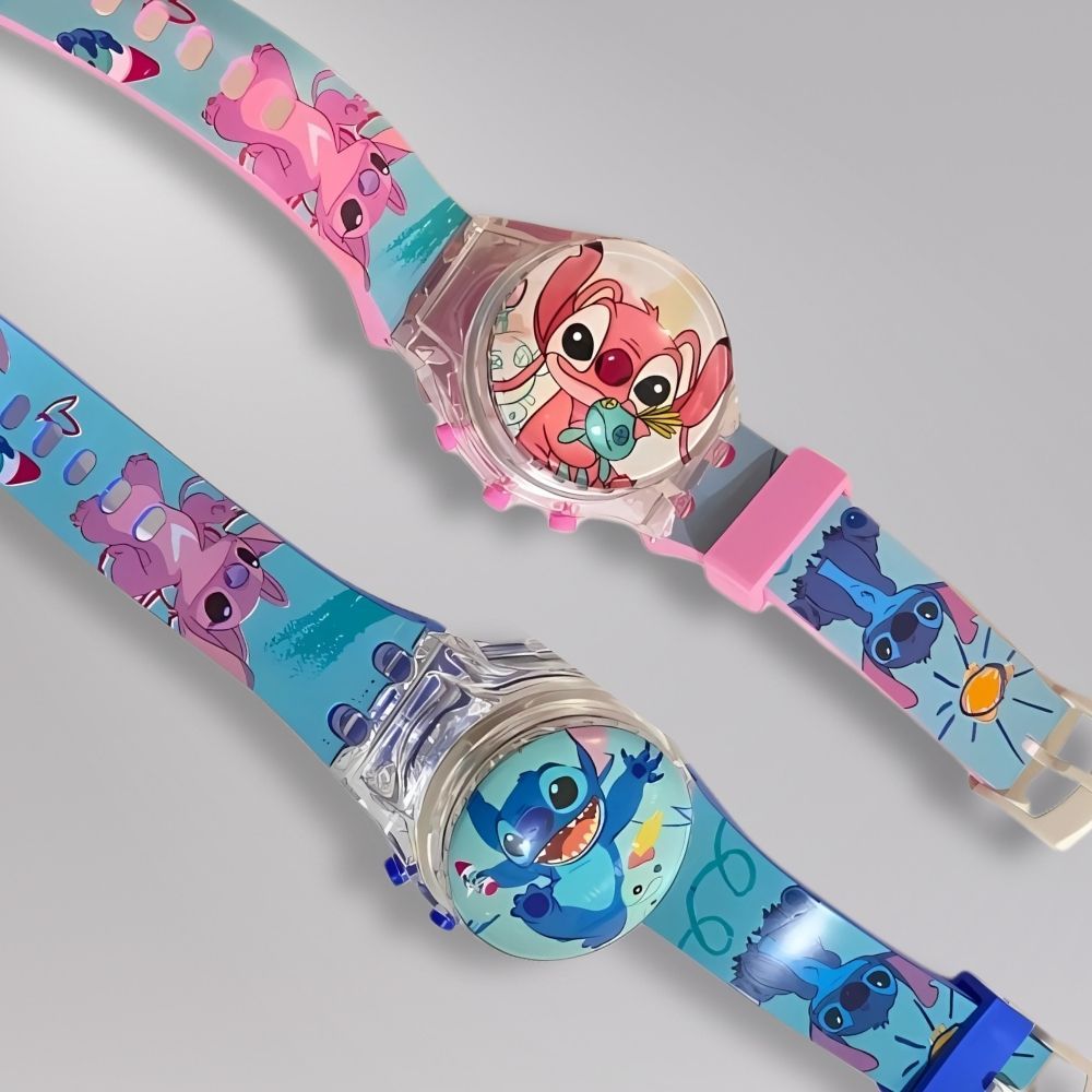 Relógio Infantil Stitch Angel Brinquedo Personagem Luzes Música Menina Menino
