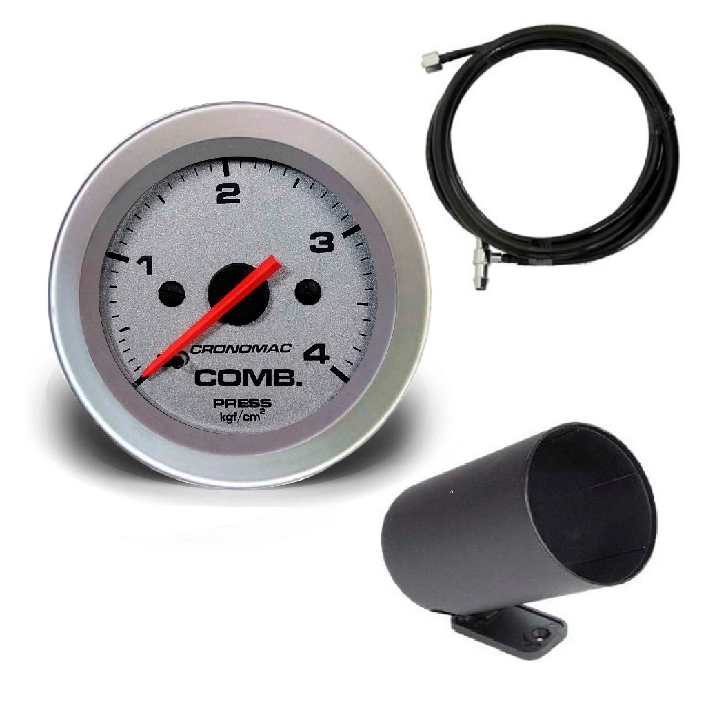 Manômetro Pressão de Combustível Cronomac 52mm Racing Kit Instalação Copo