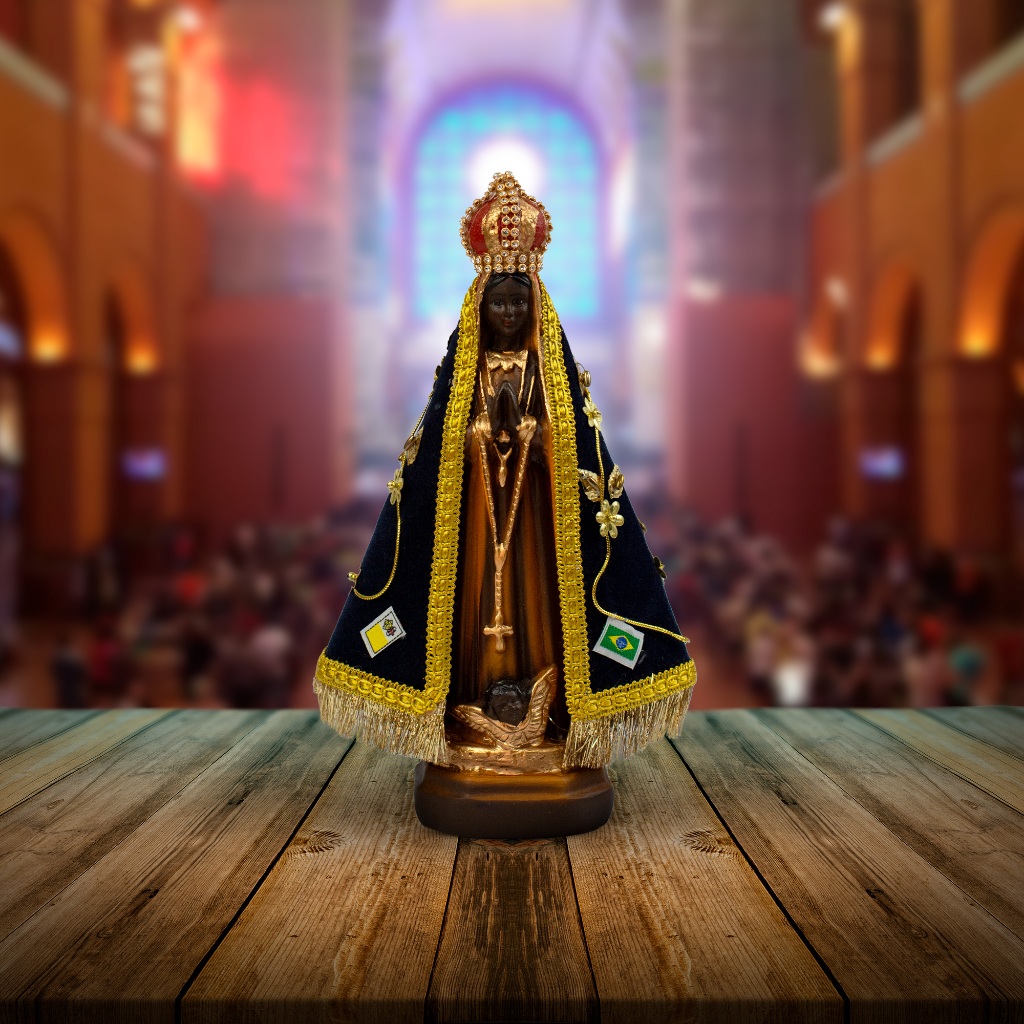 Nossa Senhora Aparecida 25 cm Gesso Manto Veludo Bordado Imagem Católica Padroeira do Brasil Decoração Presente Fé