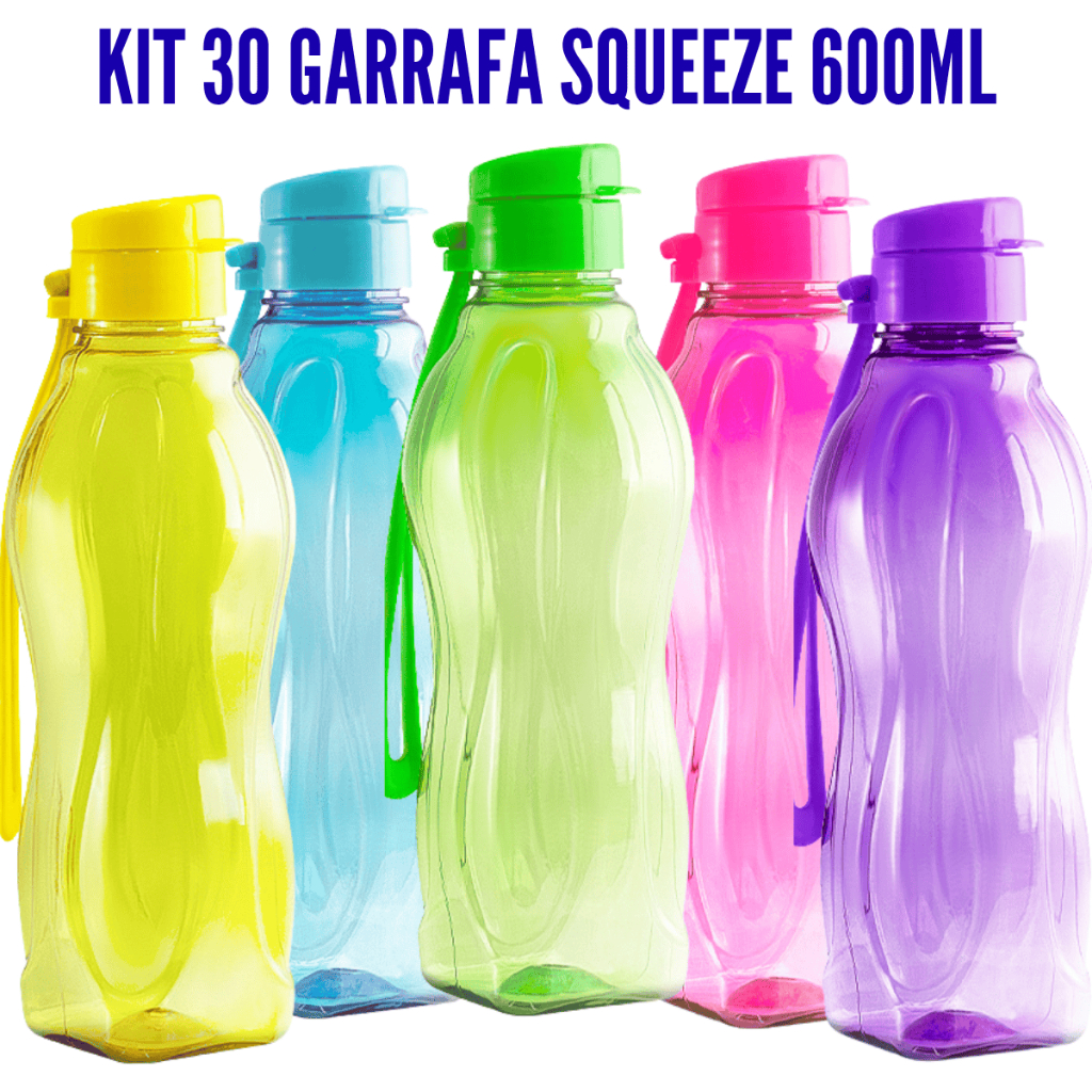 KIT com 30 Garrafas Squeeze 600ml – Várias Cores - Envio Imediato