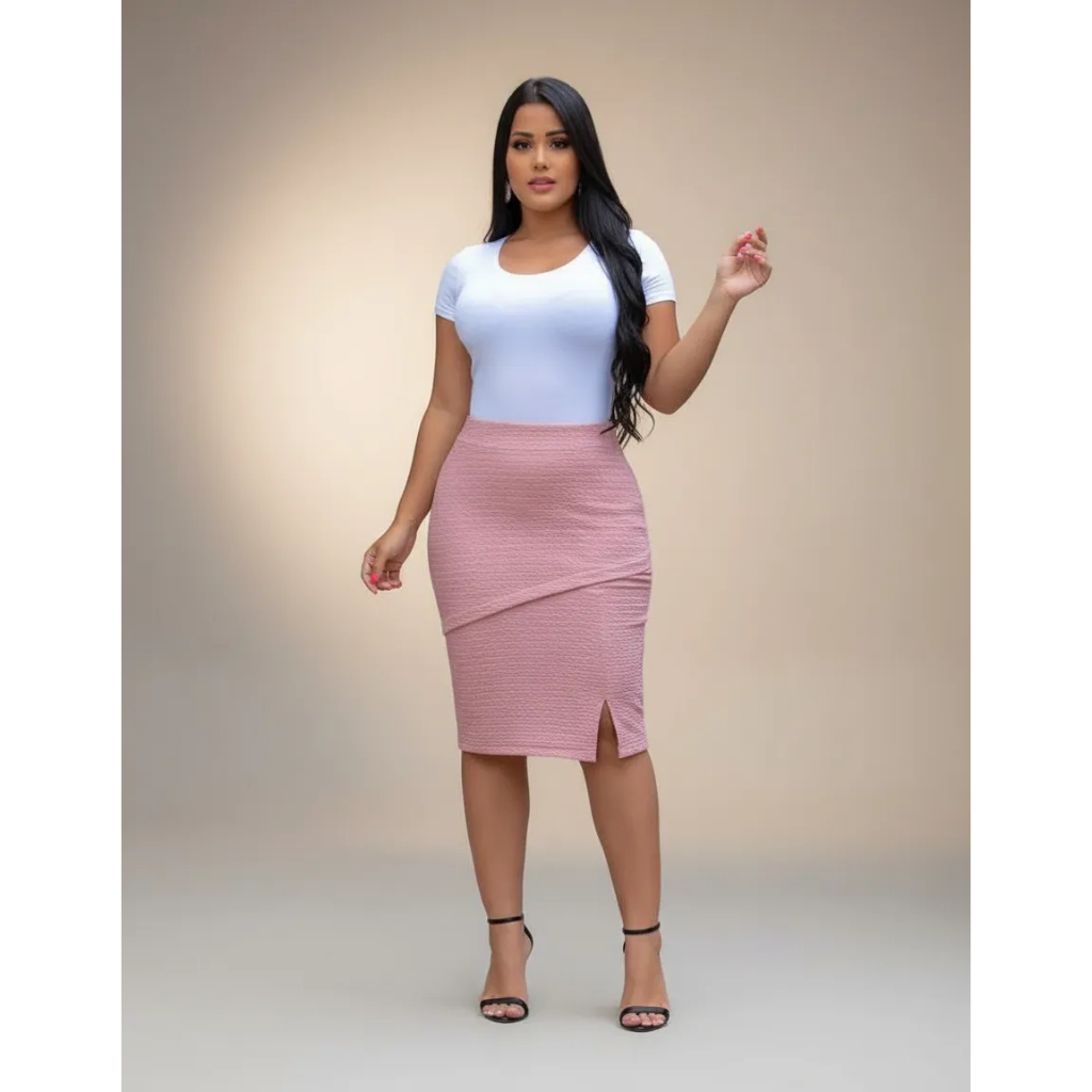 Saia Cintura Alta Secretária Moda Evangélica Midi Lápis Detalhes fenda! em Oferta na Shopee