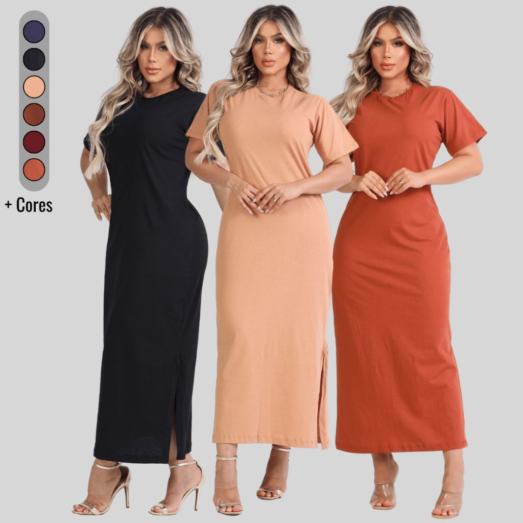 Vestido Feminino Longo Casual Fenda Lateral Algodão Premium Moda Boho Chick Básico Festa