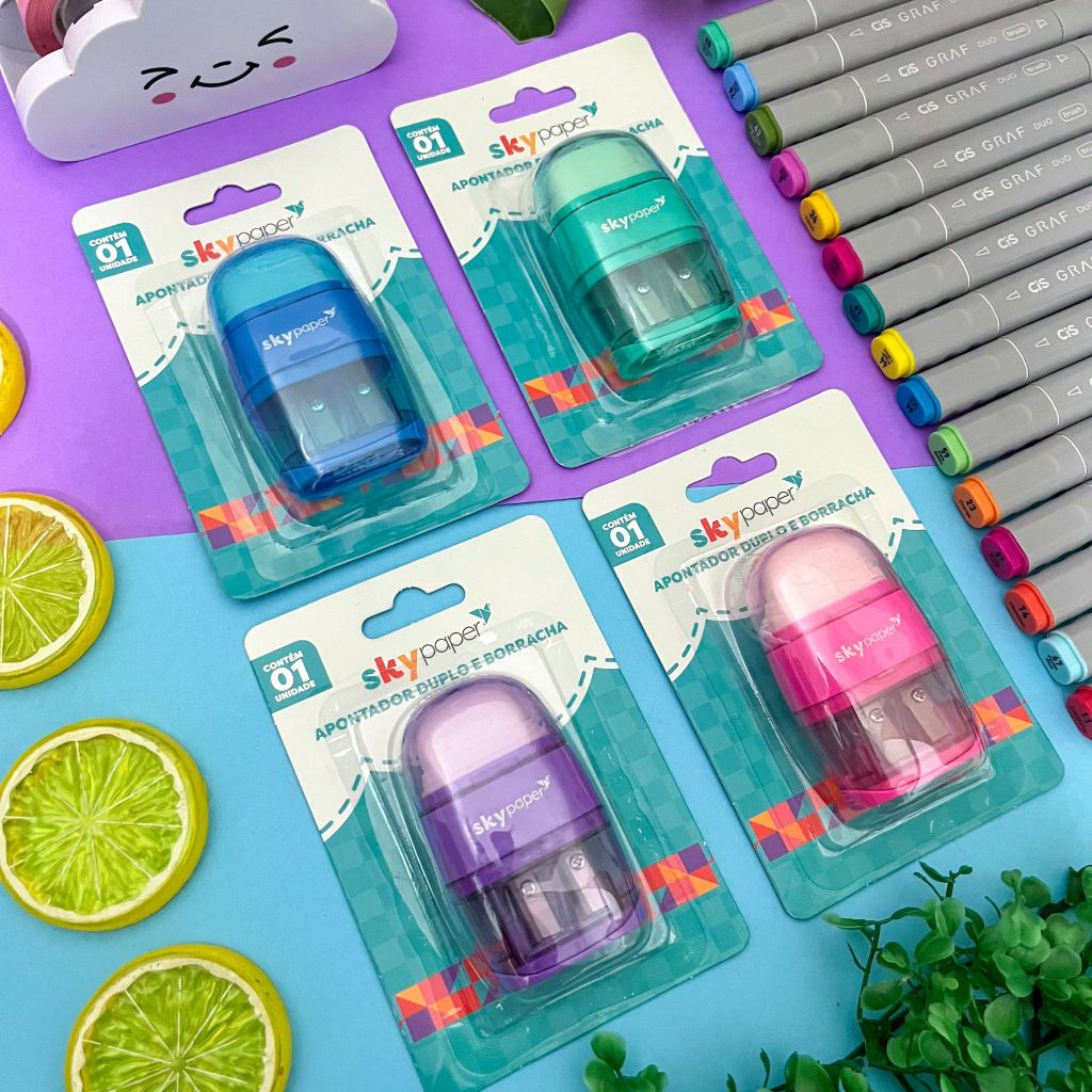 Apontador Duplo com Depósito + Borracha | Apontador com Borracha 2 em 1 Colorido - Skypaper em Oferta na Shopee