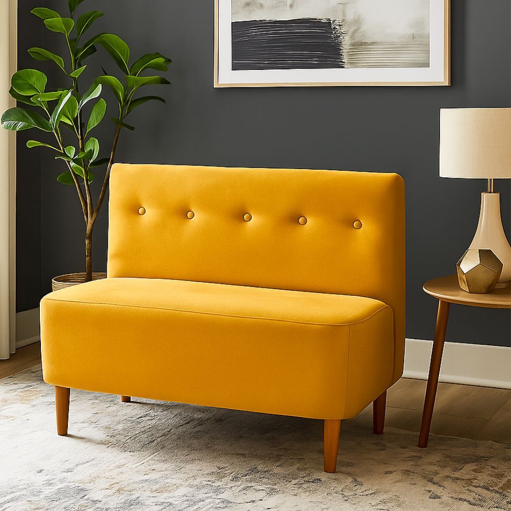 Sofá Com Botão e Pé Palito Lia 100cm Compacto Para Sala Recepção Escritório Tecido Suede Amarelo