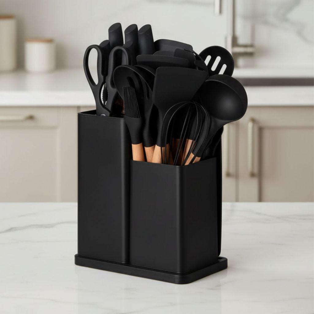 Kit Utensílios de Cozinha Silicone 19 Peças Antiaderente Cabo Bambu Facas Inox Funcional e Moderno