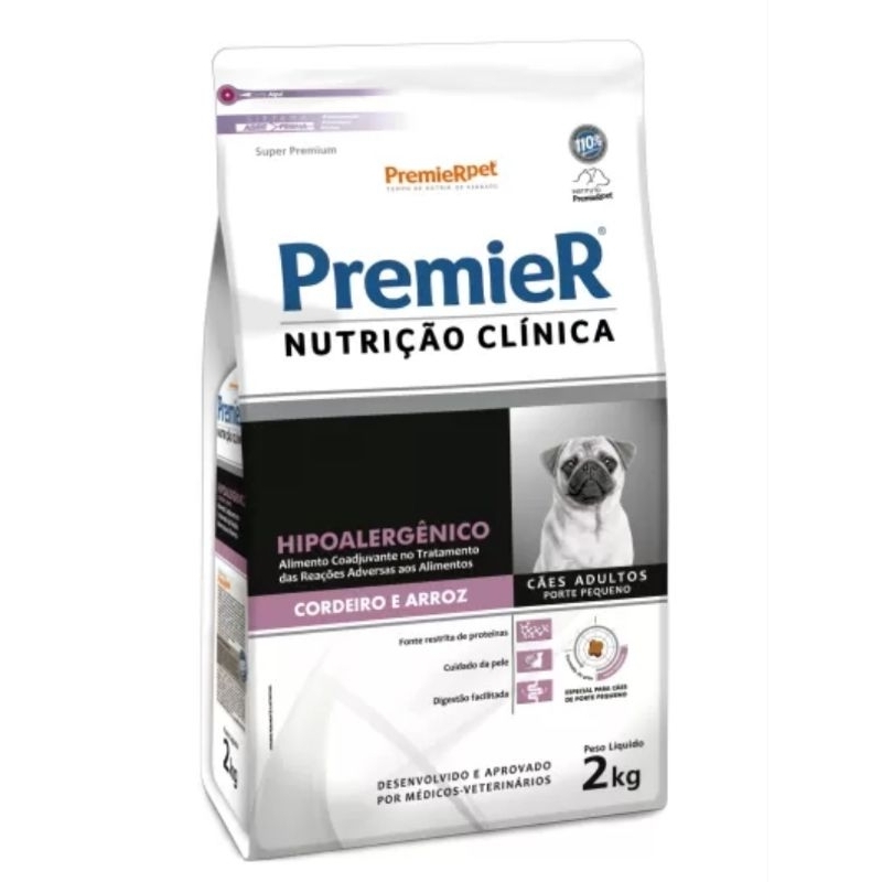 Ração Premier Nutrição clinica Raças pequenas adulto Hipoalergênico para cães Cordeiro e arroz 2kg Val 07/27