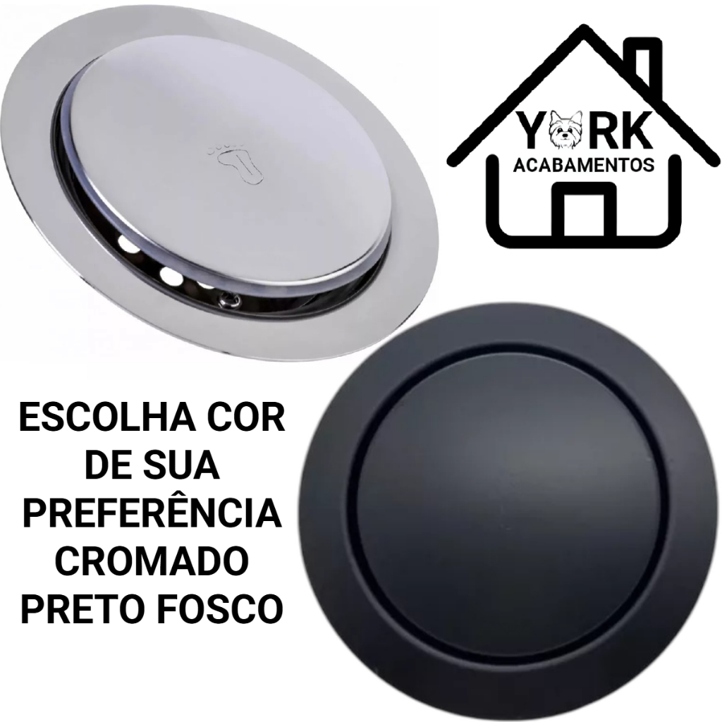 Ralo Click Inteligente 15 x15cm – em Metal Inox Redondo Cromado ou Preto Fosco Piso Banheiro Lavabo