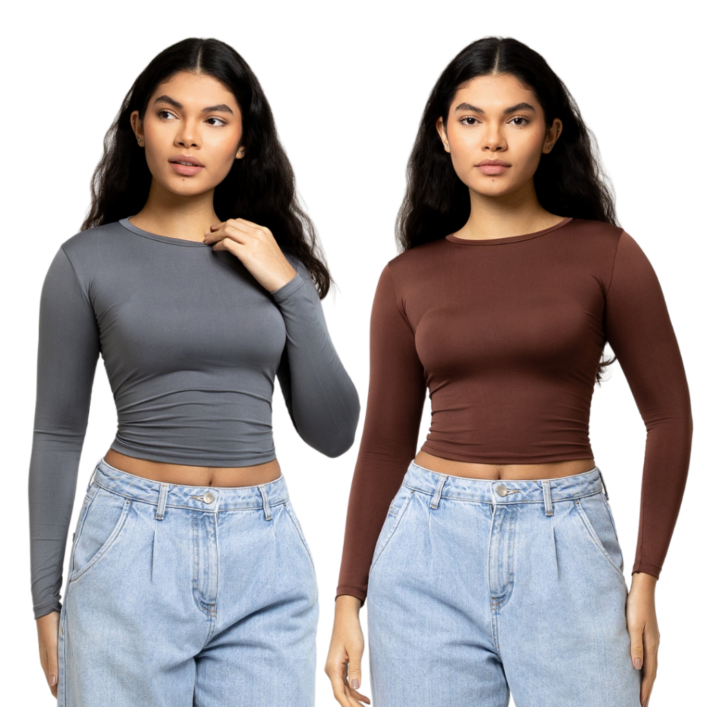 Kit 2 Blusa Feminina Manga Longa Blusinha Manga Comprida Ajuste Perfeito Baby Tee