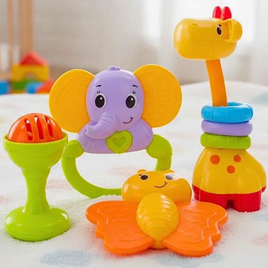 Conjunto chocalhos mordedores massageador gengiva infantil bebê sensorial texturas +3meses